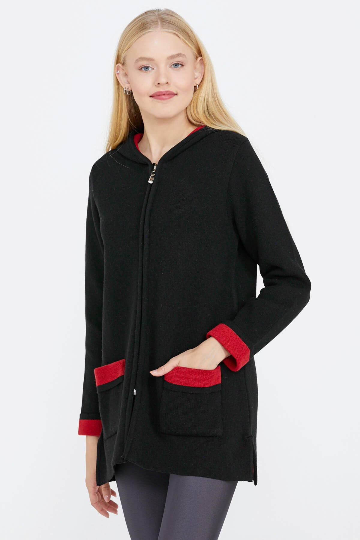 Cepli ve Kapüşonlu Kadın Triko Ceket - Siyah - Kırmızı (1) Sementa