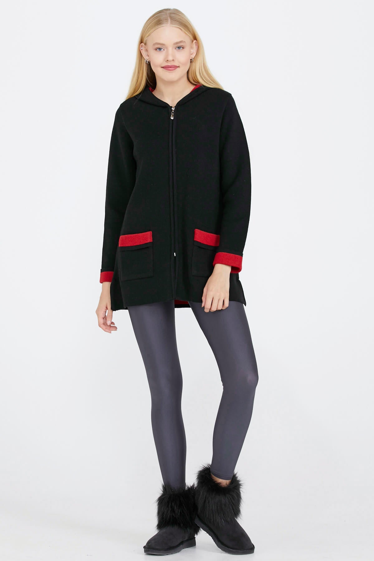 Cepli ve Kapüşonlu Kadın Triko Ceket - Siyah - Kırmızı (3) Sementa