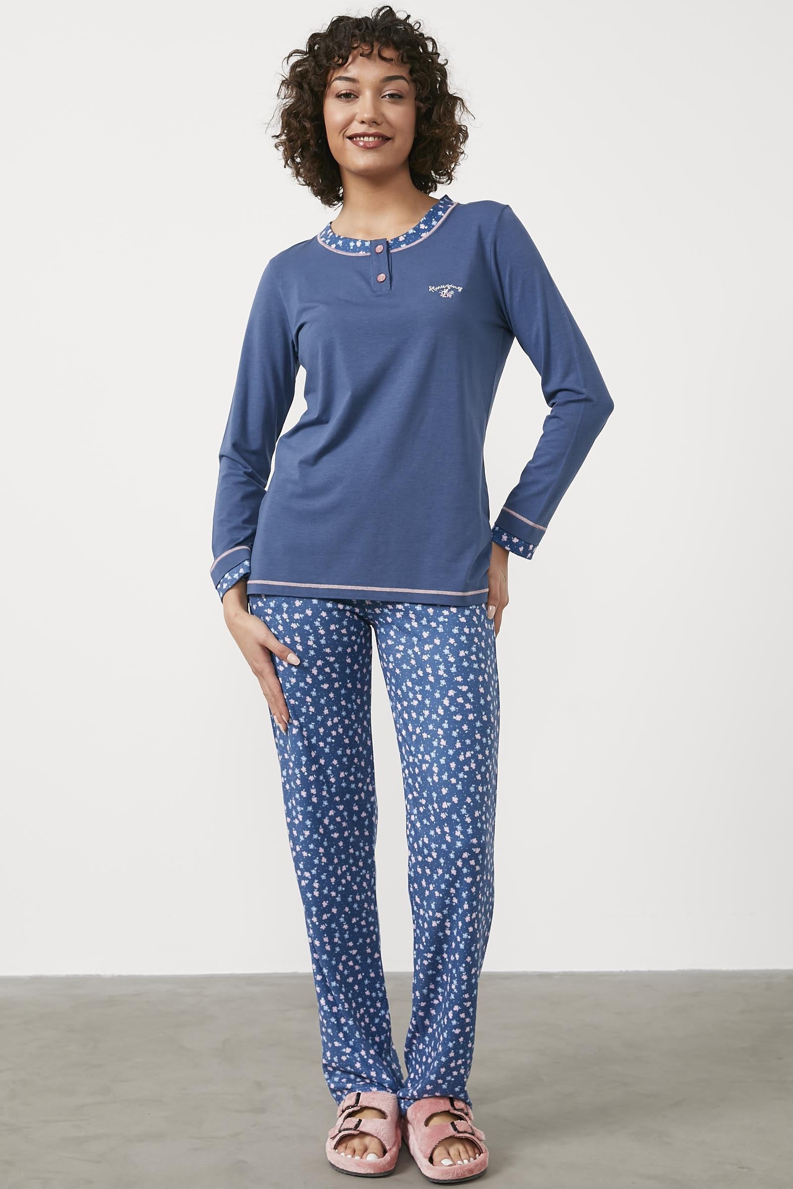 Çiçek Desenli Modal Pijama Takım - Mavi (1) Sementa