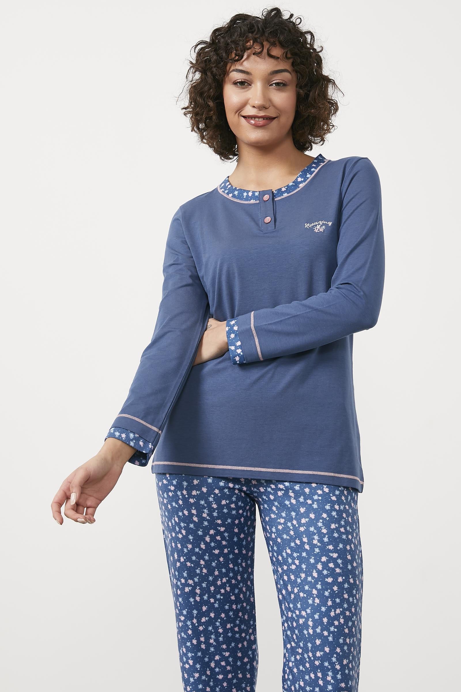 Çiçek Desenli Modal Pijama Takım - Mavi (2) Sementa