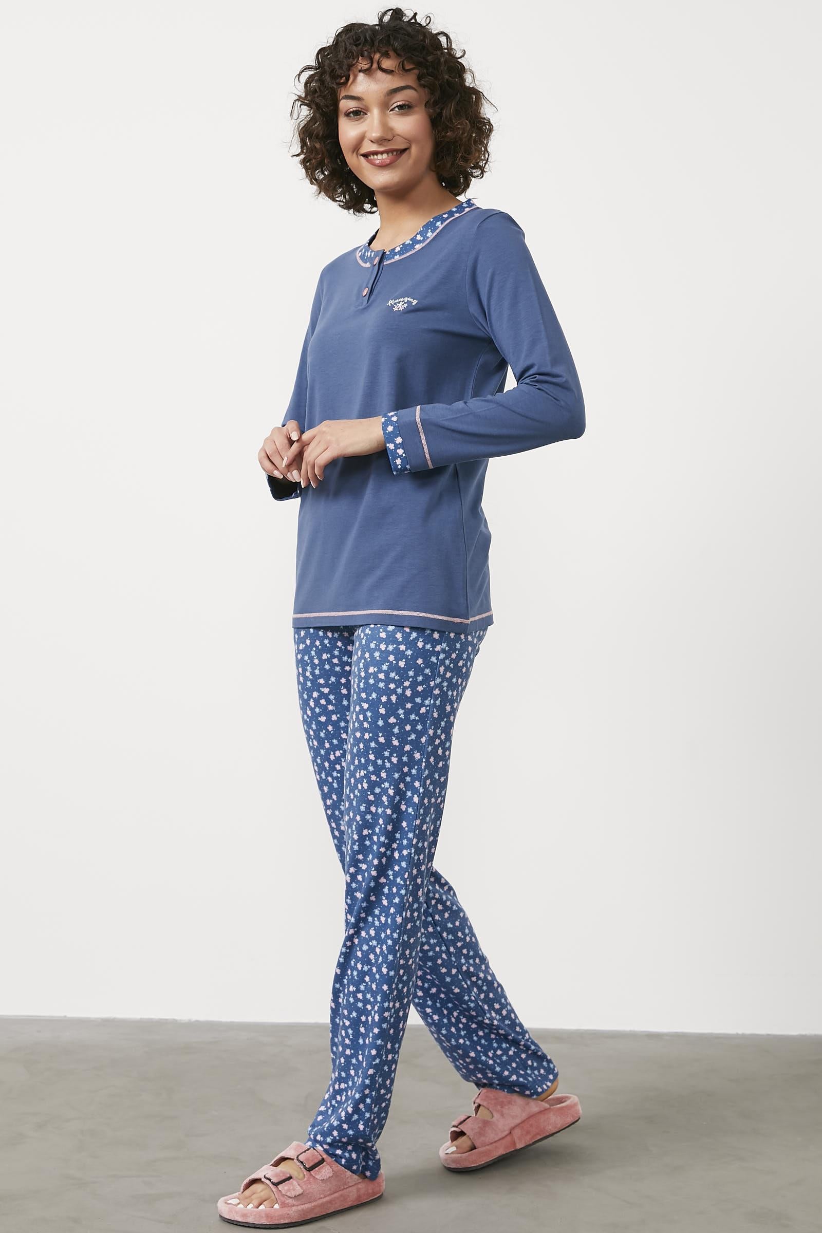Çiçek Desenli Modal Pijama Takım - Mavi (3) Sementa