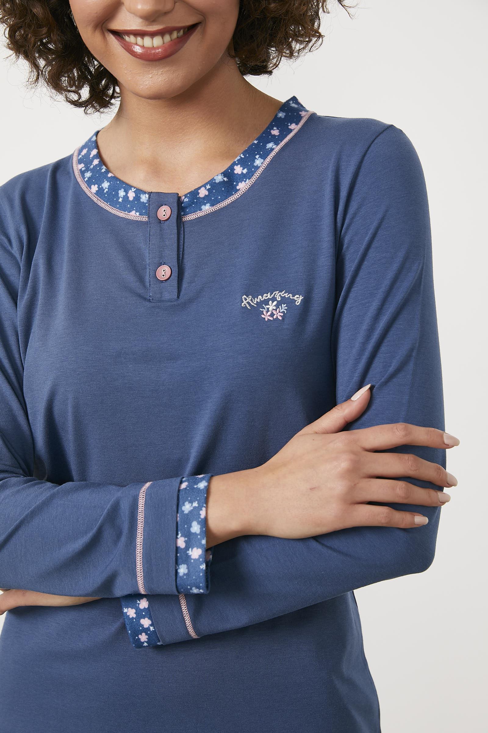 Çiçek Desenli Modal Pijama Takım - Mavi (4) Sementa