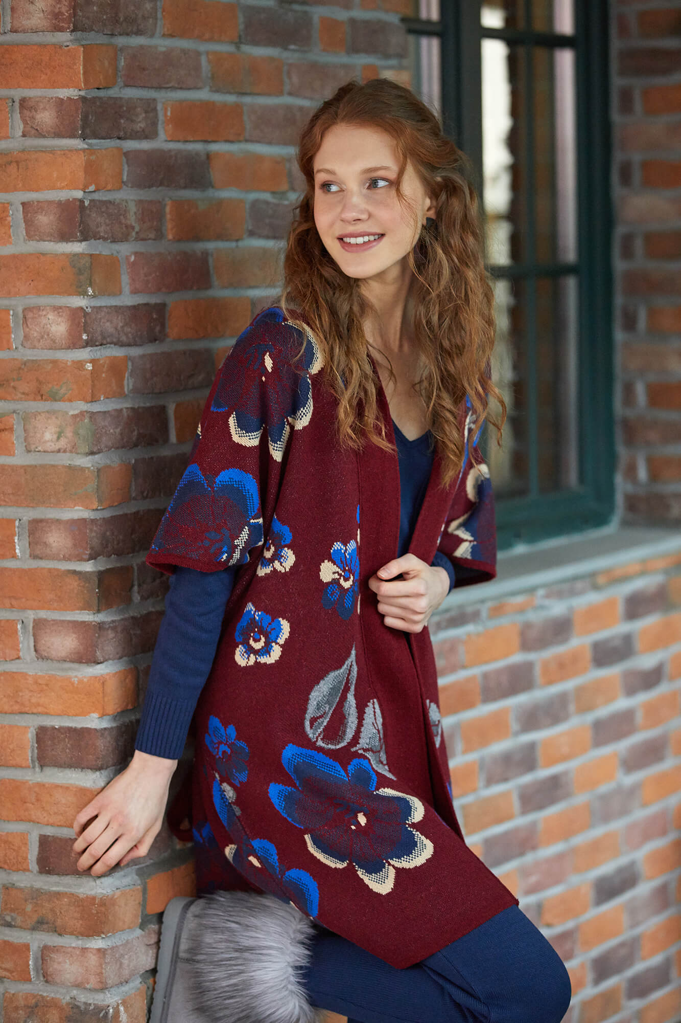 Çiçek Desenli Uzun Triko Ceket - Bordo (1) Sementa