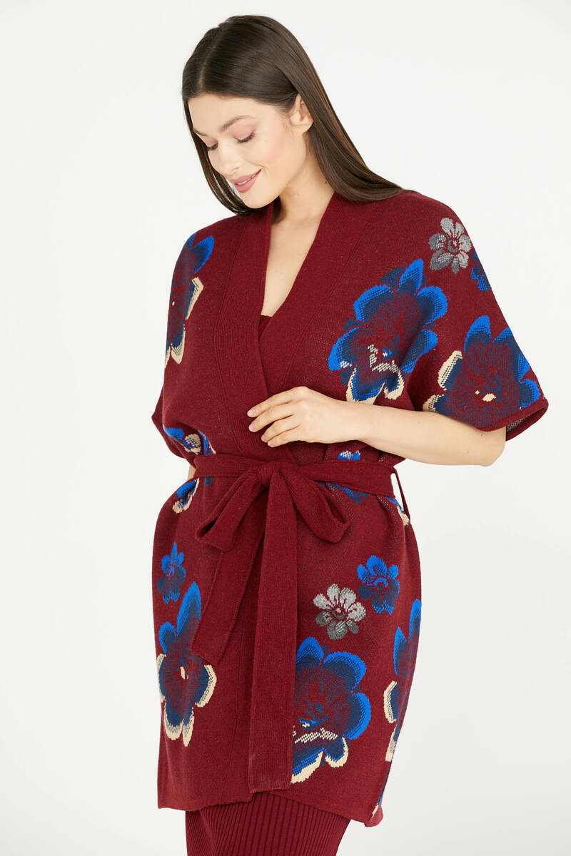 Çiçek Desenli Uzun Triko Ceket - Bordo (2) Sementa