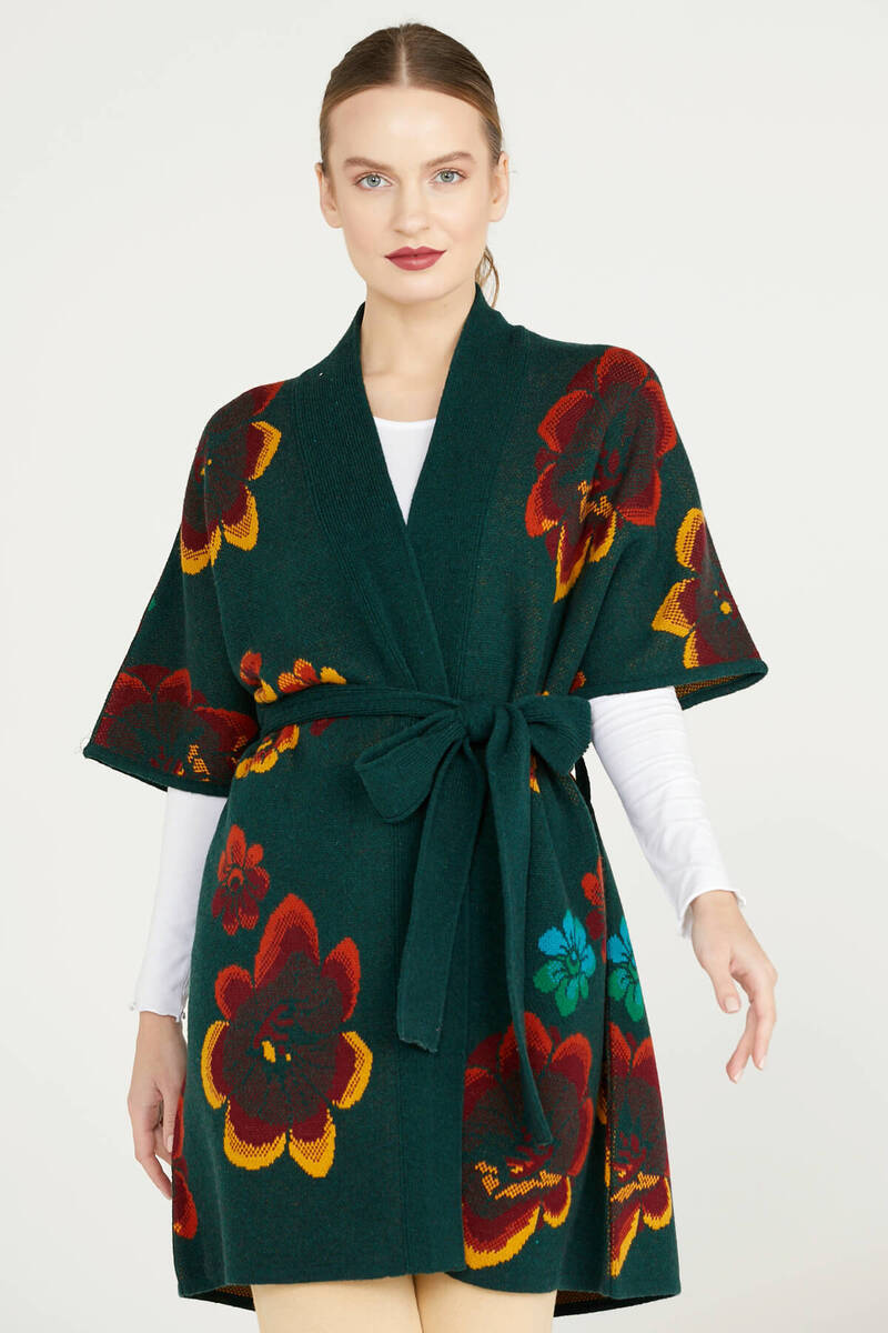 Çiçek Desenli Uzun Triko Ceket - Yeşil (1) Sementa