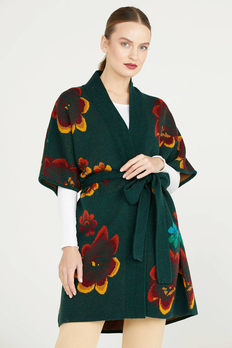 Çiçek Desenli Uzun Triko Ceket - Yeşil (2) Sementa
