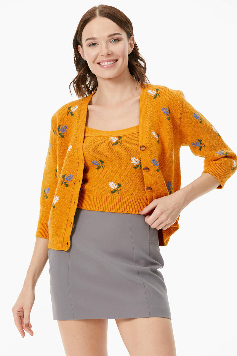 Çiçek Motifli Crop Triko Takım - Güneş (1) Sementa