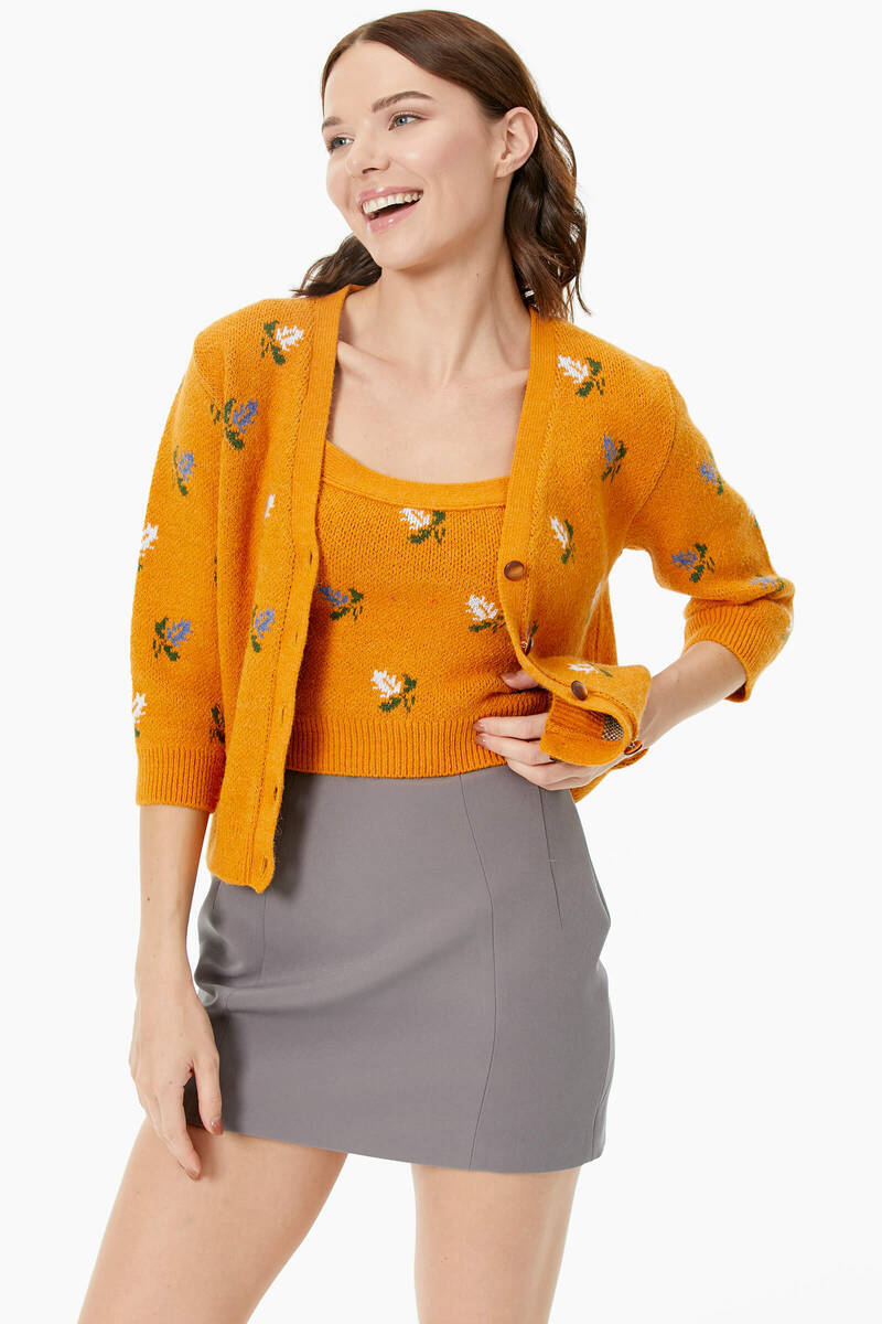 Çiçek Motifli Crop Triko Takım - Güneş (2) Sementa