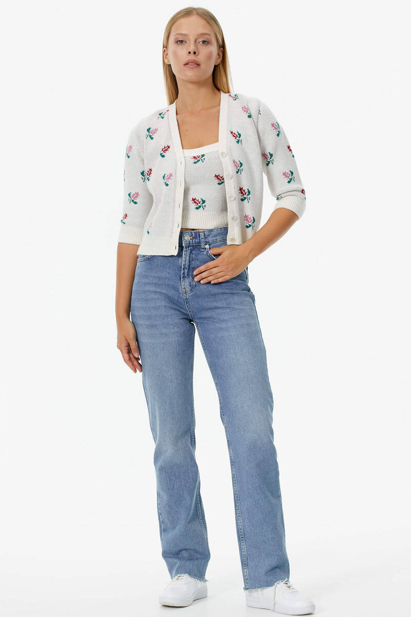 Çiçek Motifli Crop Triko Takım - Kemik (4) Sementa