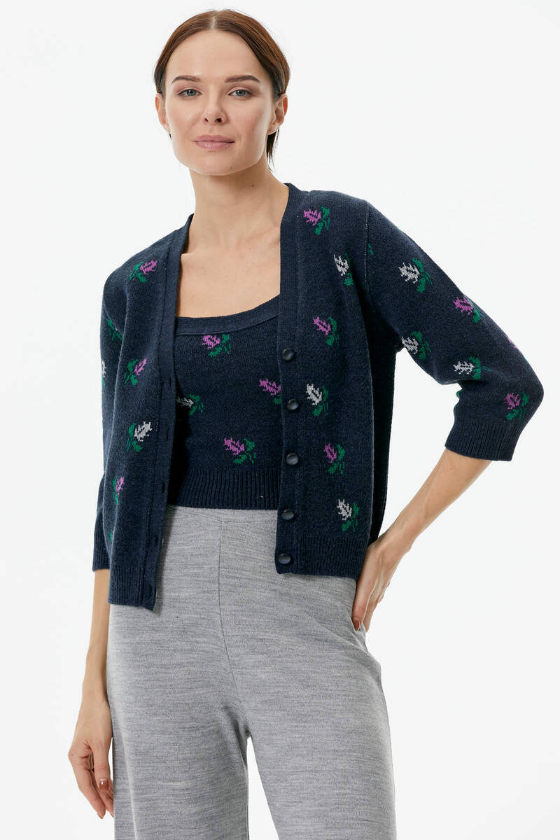 Çiçek Motifli Crop Triko Takım - Lacivert (2) Sementa