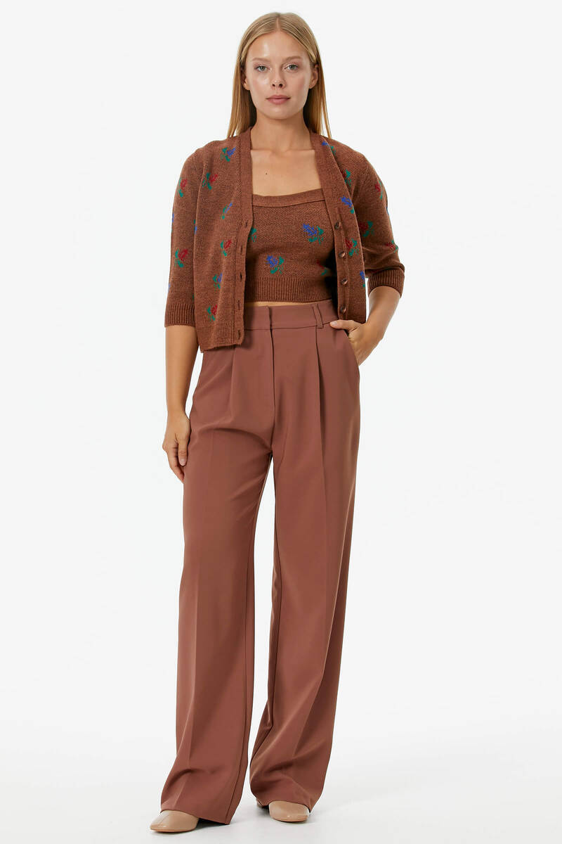 Çiçek Motifli Crop Triko Takım - Taba (1) Sementa