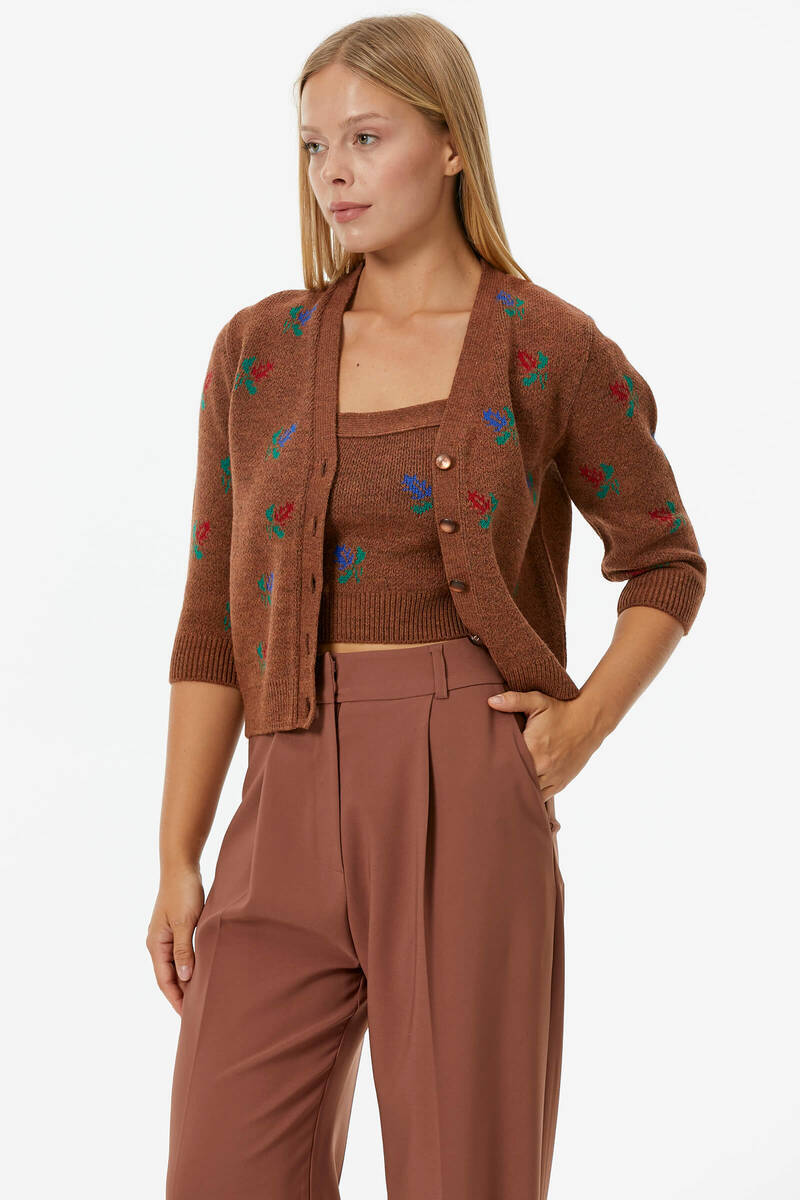 Çiçek Motifli Crop Triko Takım - Taba (2) Sementa