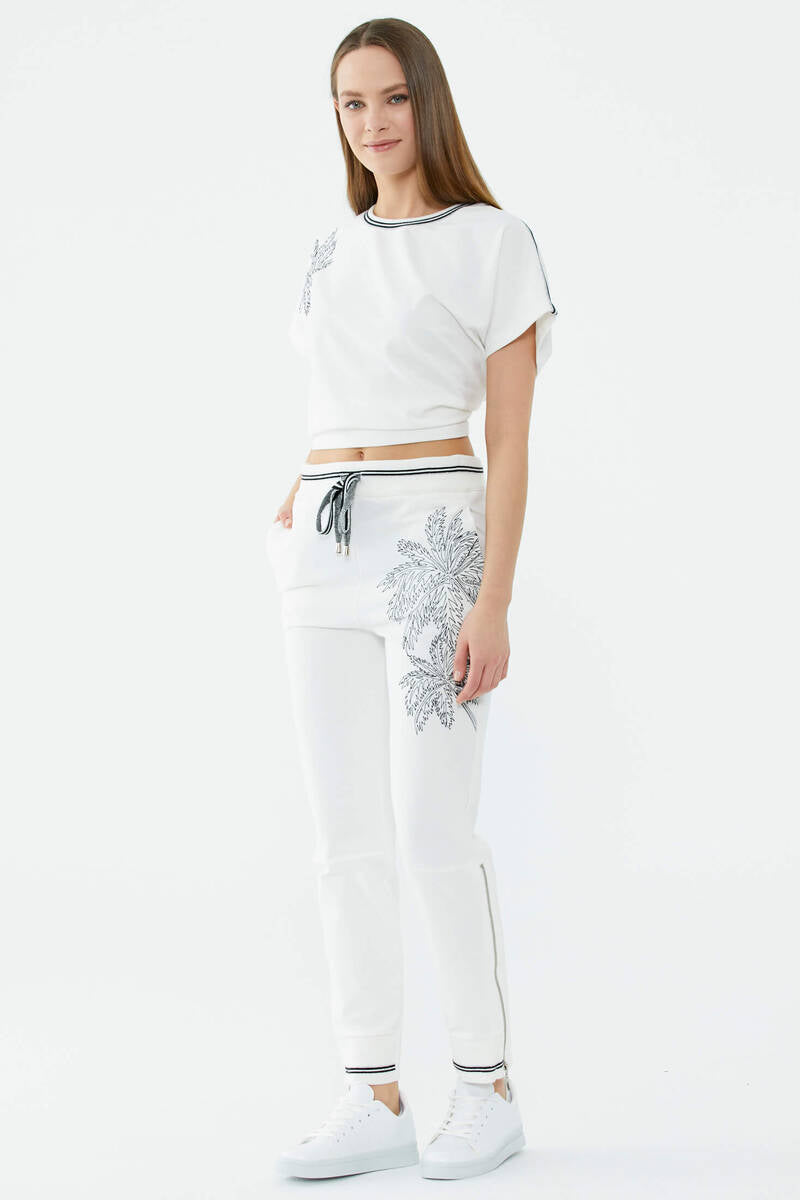 Çiçek Nakışlı Eşofman Altı - Ekru (4) Sementa