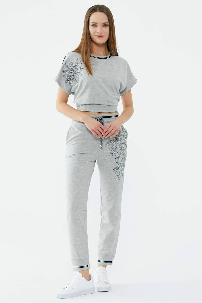 Çiçek Nakışlı Eşofman Altı - Gri (2) Sementa