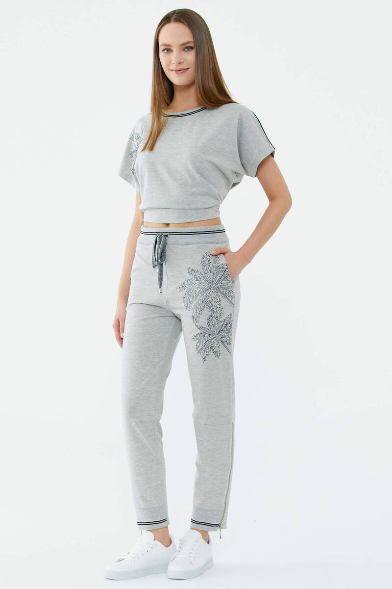 Çiçek Nakışlı Eşofman Altı - Gri (3) Sementa