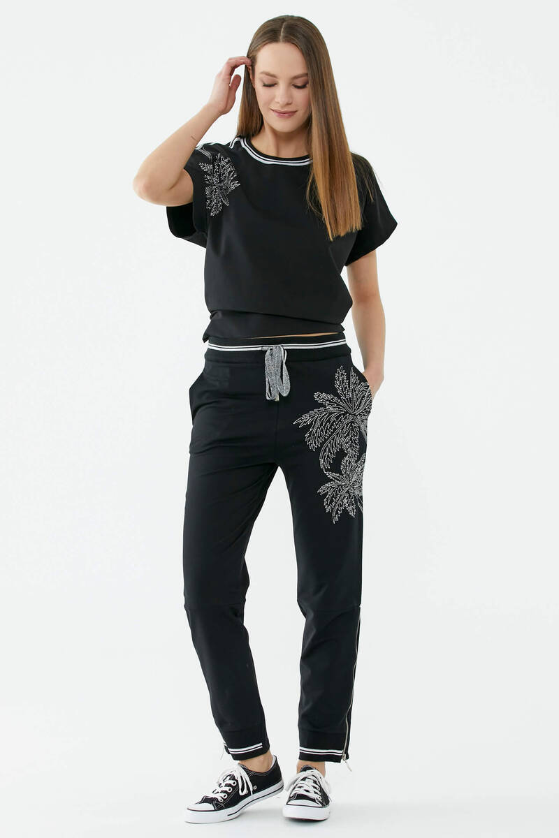 Çiçek Nakışlı Eşofman Altı - Siyah (1) Sementa