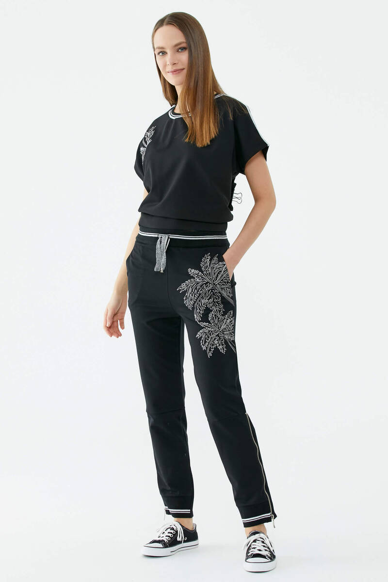 Çiçek Nakışlı Eşofman Altı - Siyah (2) Sementa