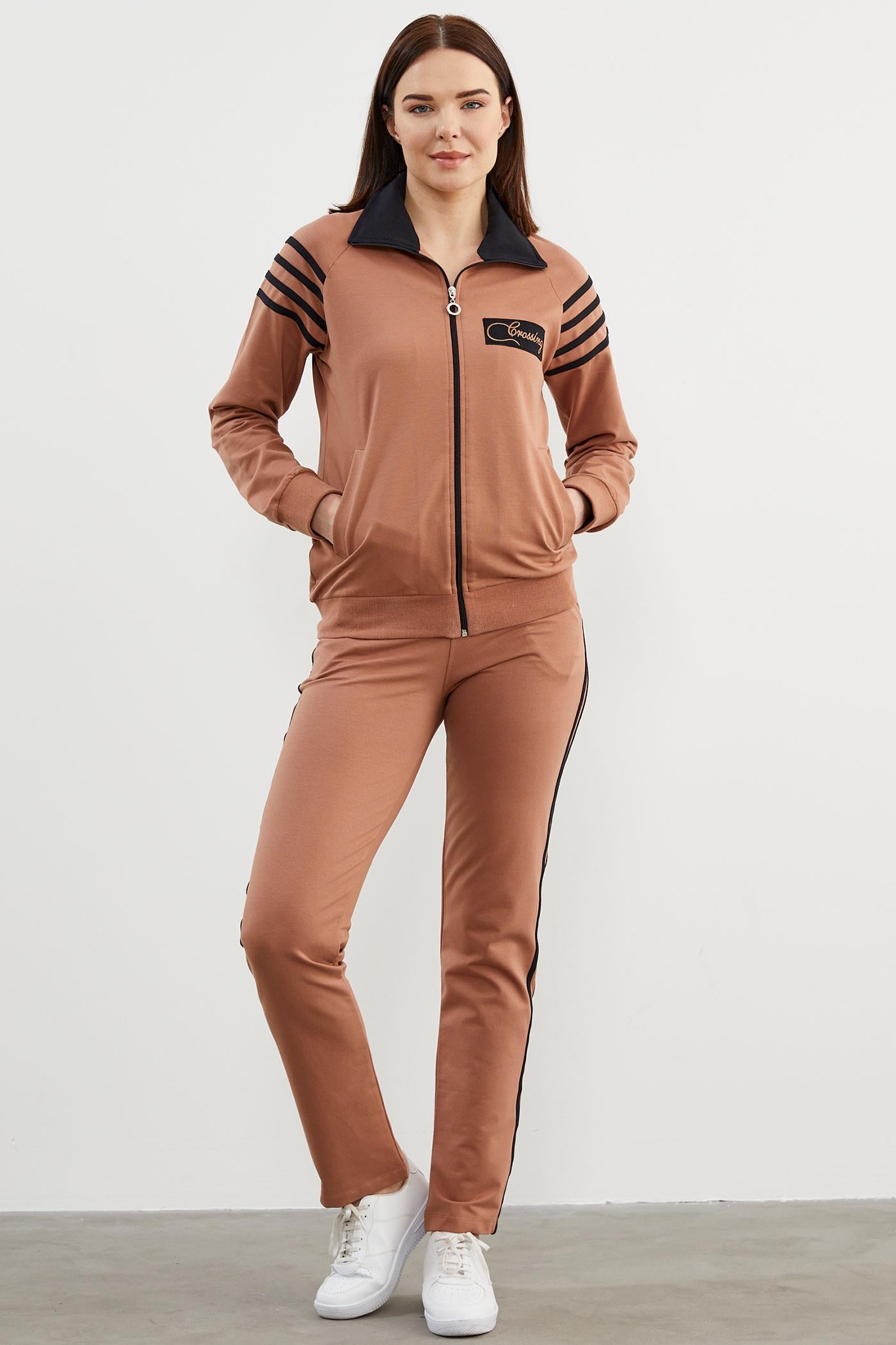 Çizgi Detaylı Dik Yaka Eşofman Takım - Sütlü Kahve (1) Sementa