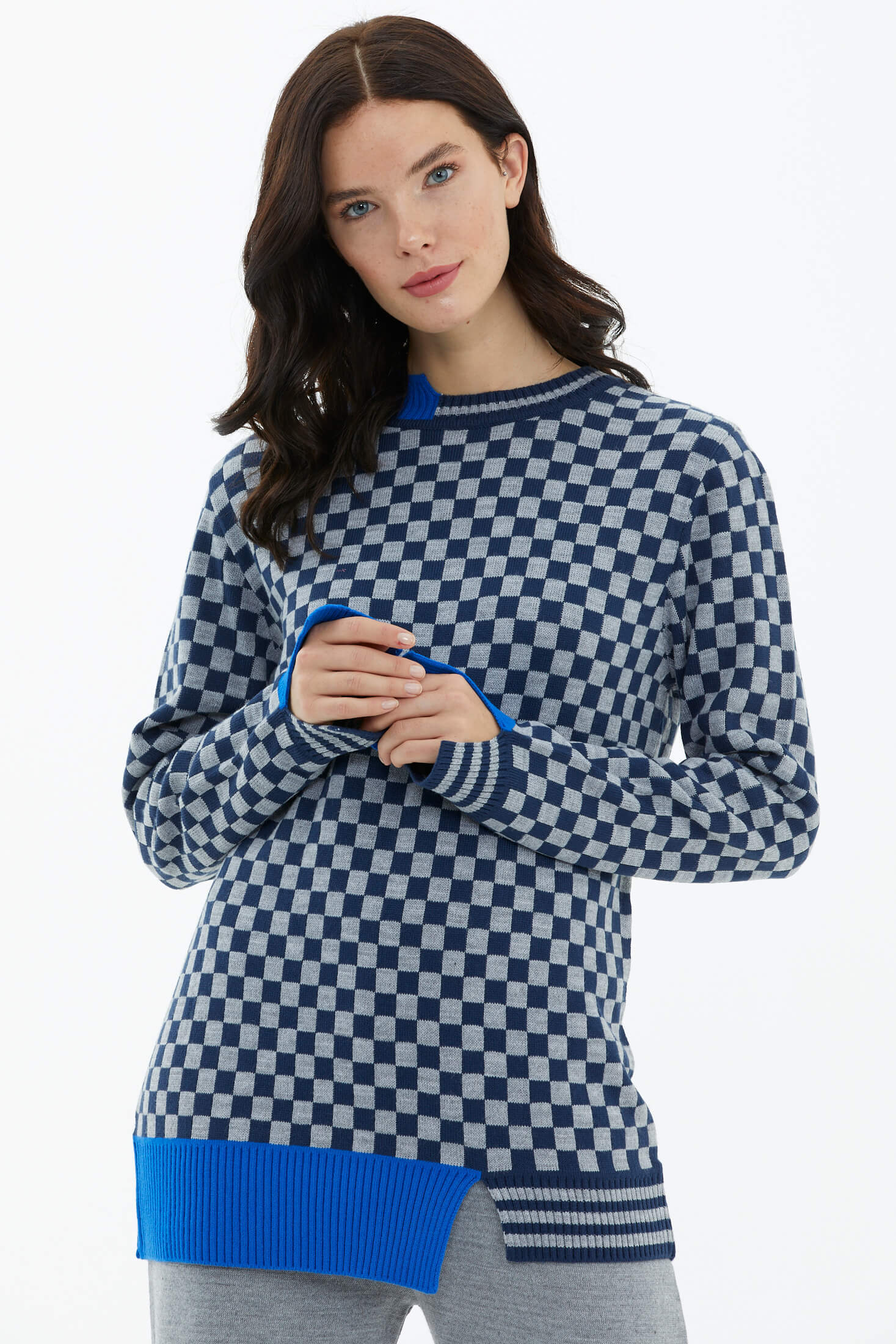 Dama Desenli Sıfır Yaka Triko Kazak - Lacivert (2) Sementa