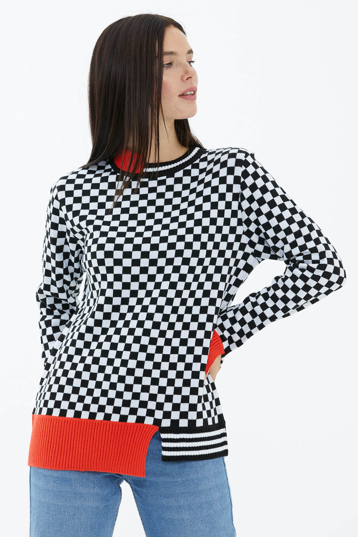 Dama Desenli Sıfır Yaka Triko Kazak - Siyah (2) Sementa