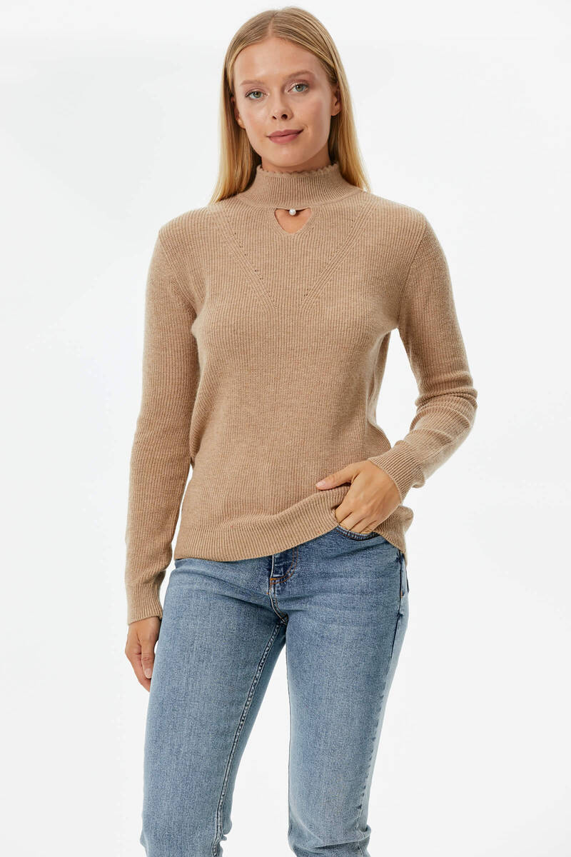 Damla Yaka İnci Detaylı Triko Kazak - Kamel (1) Sementa