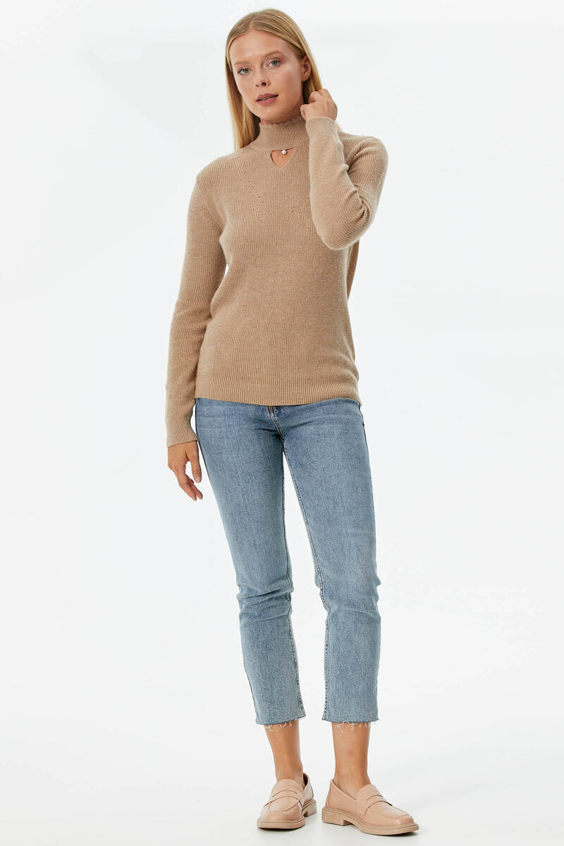 Damla Yaka İnci Detaylı Triko Kazak - Kamel (2) Sementa