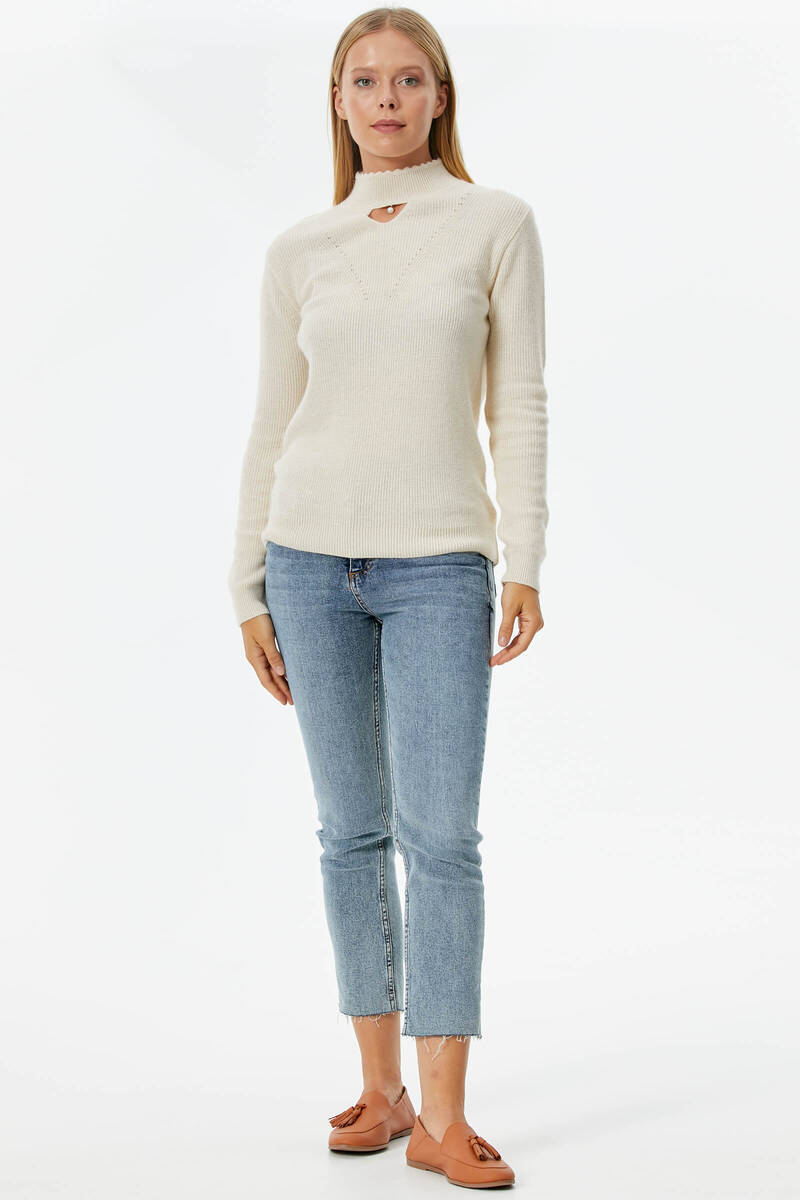 Damla Yaka İnci Detaylı Triko Kazak - Kemik (2) Sementa