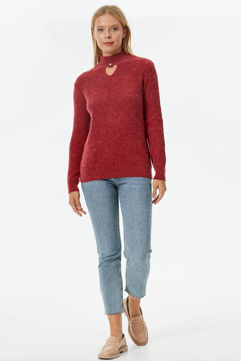 Damla Yaka İnci Detaylı Triko Kazak - Kırmızı (2) Sementa