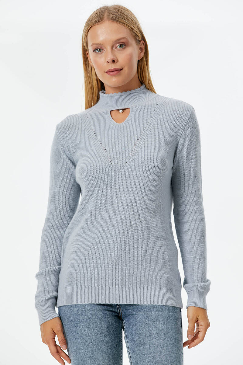 Damla Yaka İnci Detaylı Triko Kazak - Mavi (1) Sementa