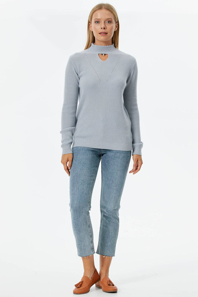 Damla Yaka İnci Detaylı Triko Kazak - Mavi (2) Sementa