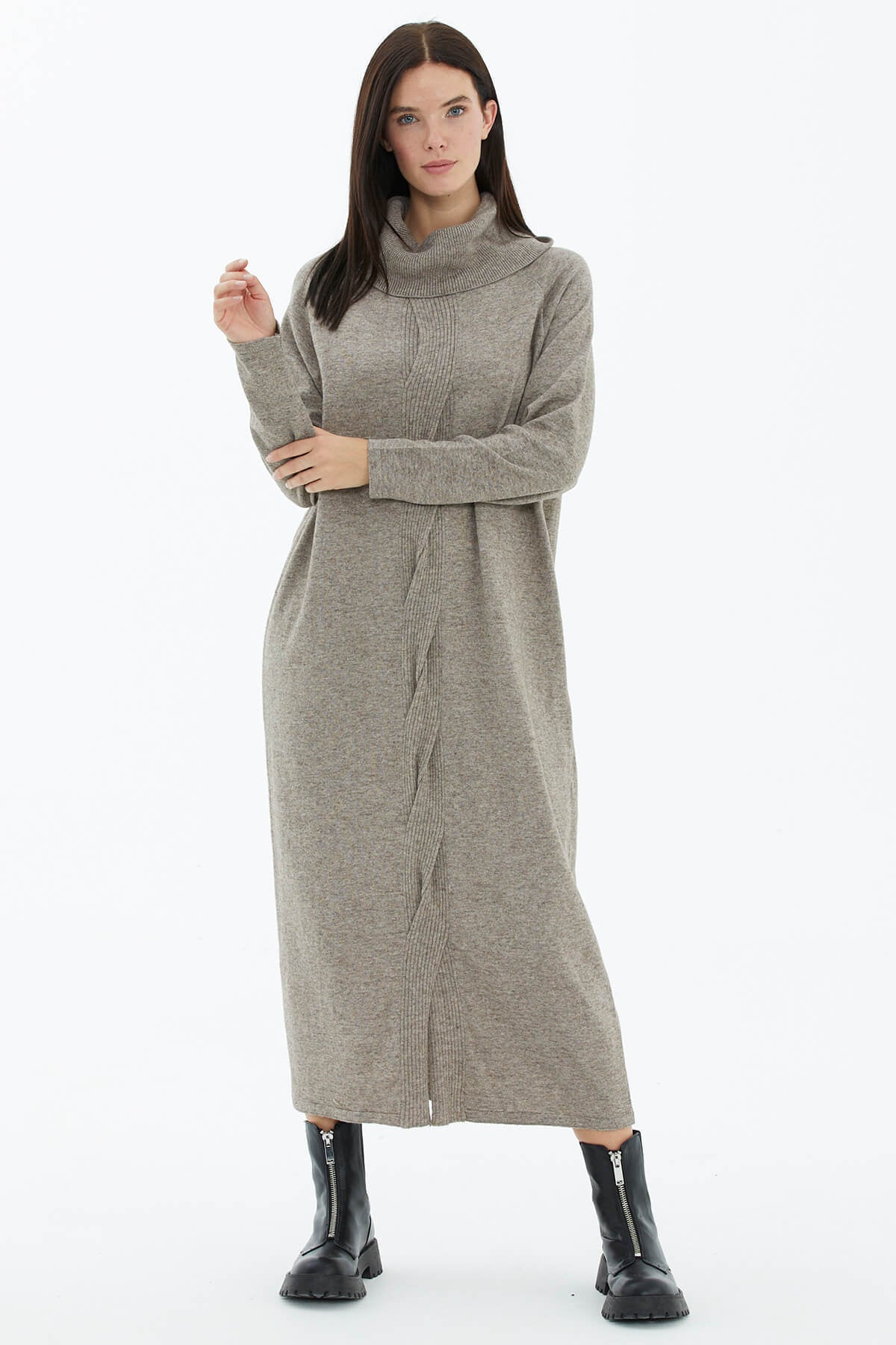 Degaje Yaka Önü Saç Örgülü Triko Elbise - Bej (2) Sementa