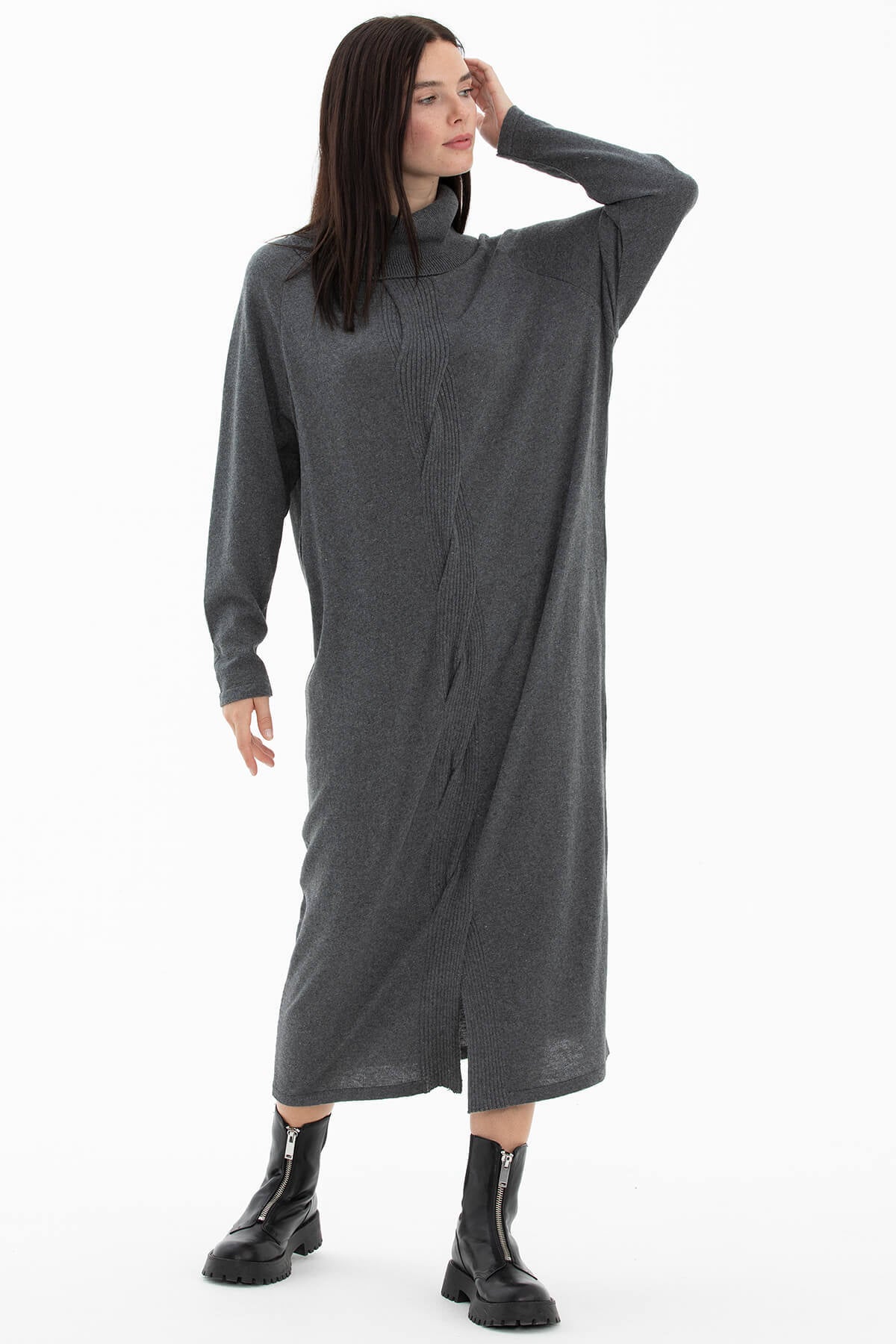 Degaje Yaka Önü Saç Örgülü Triko Elbise - Koyu Gri (3) Sementa