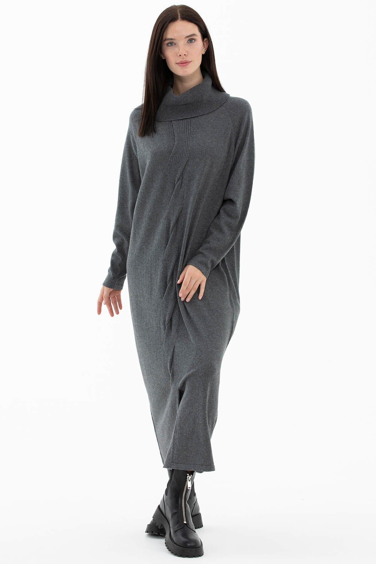 Degaje Yaka Önü Saç Örgülü Triko Elbise - Koyu Gri (4) Sementa