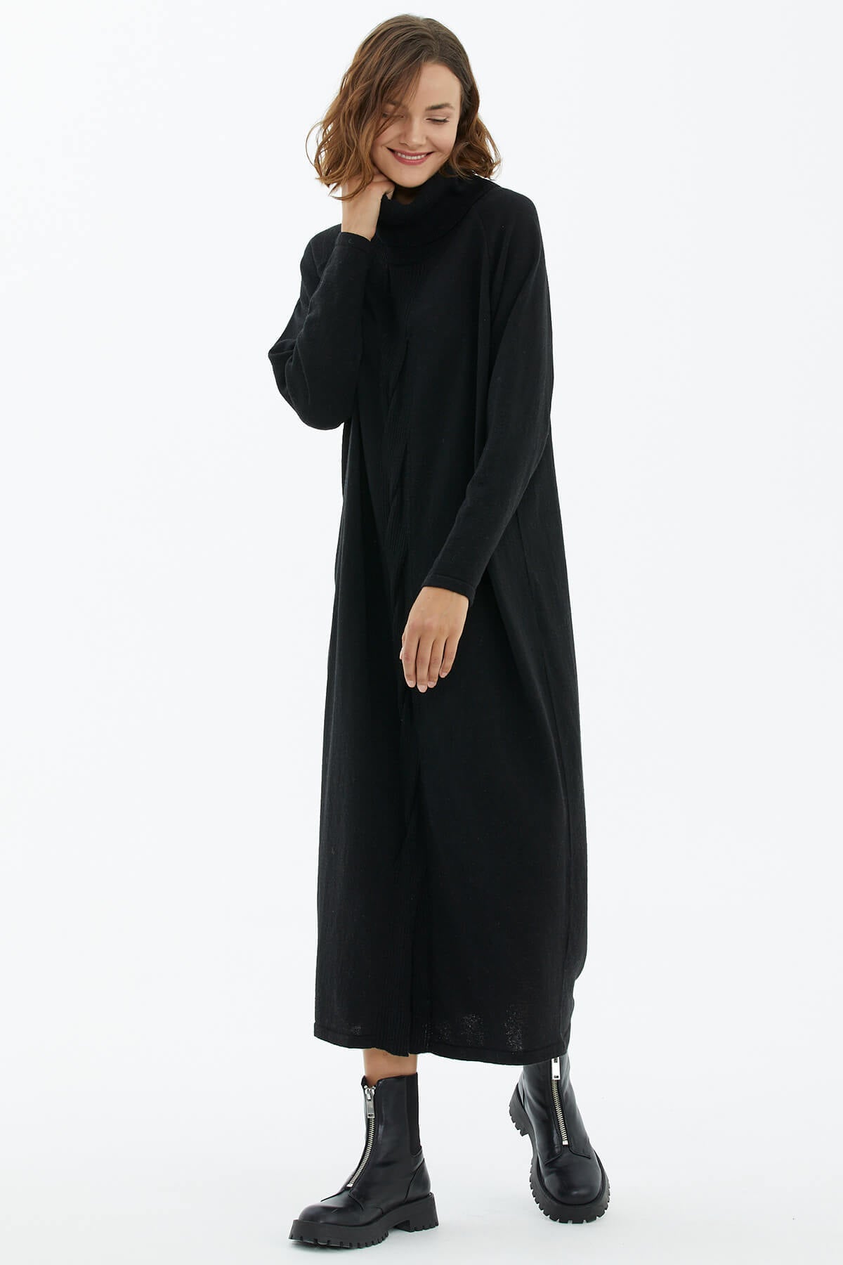 Degaje Yaka Önü Saç Örgülü Triko Elbise - Siyah (2) Sementa