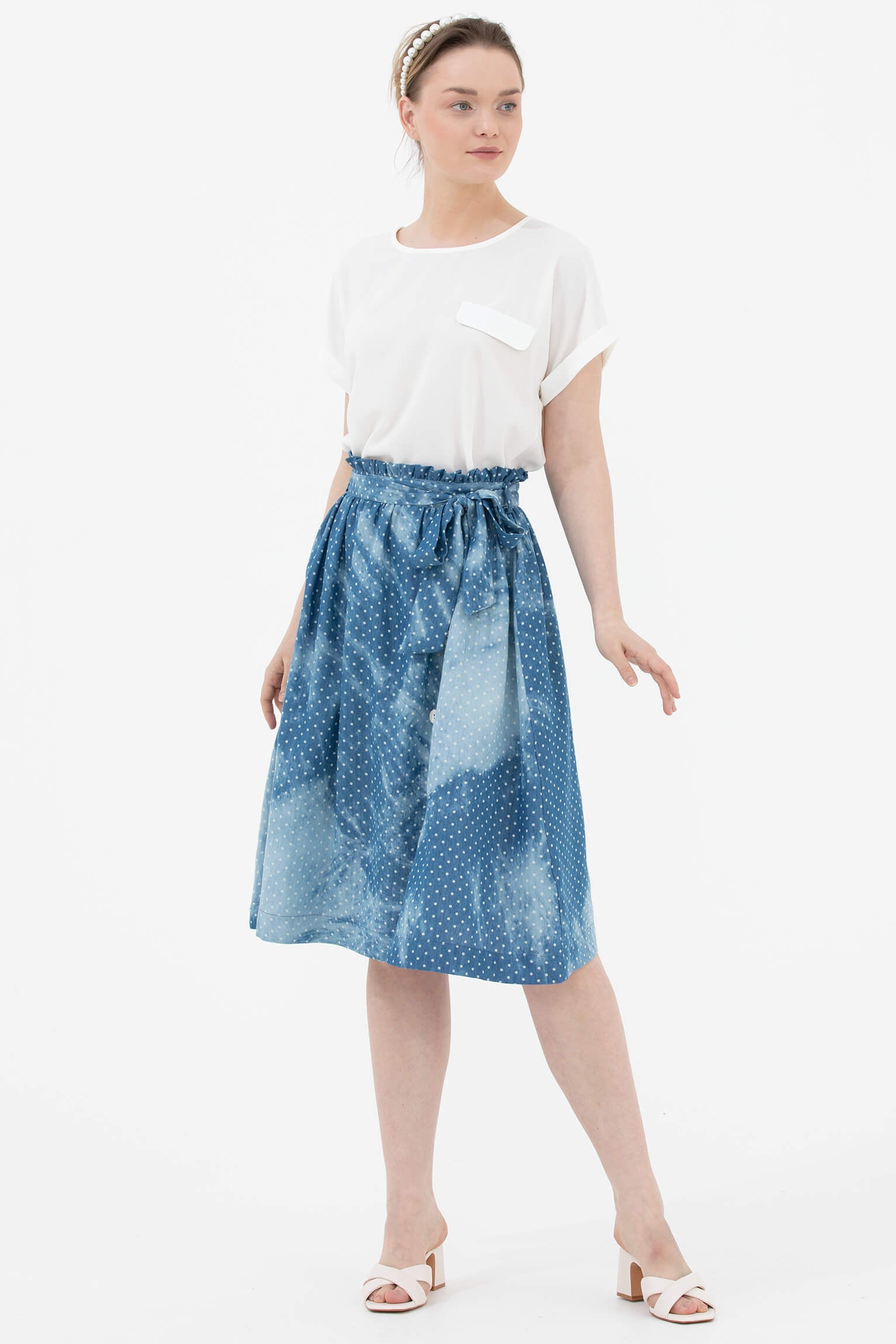 Denim Görünümlü Midi Boy Etek - Mavi (1) Sementa