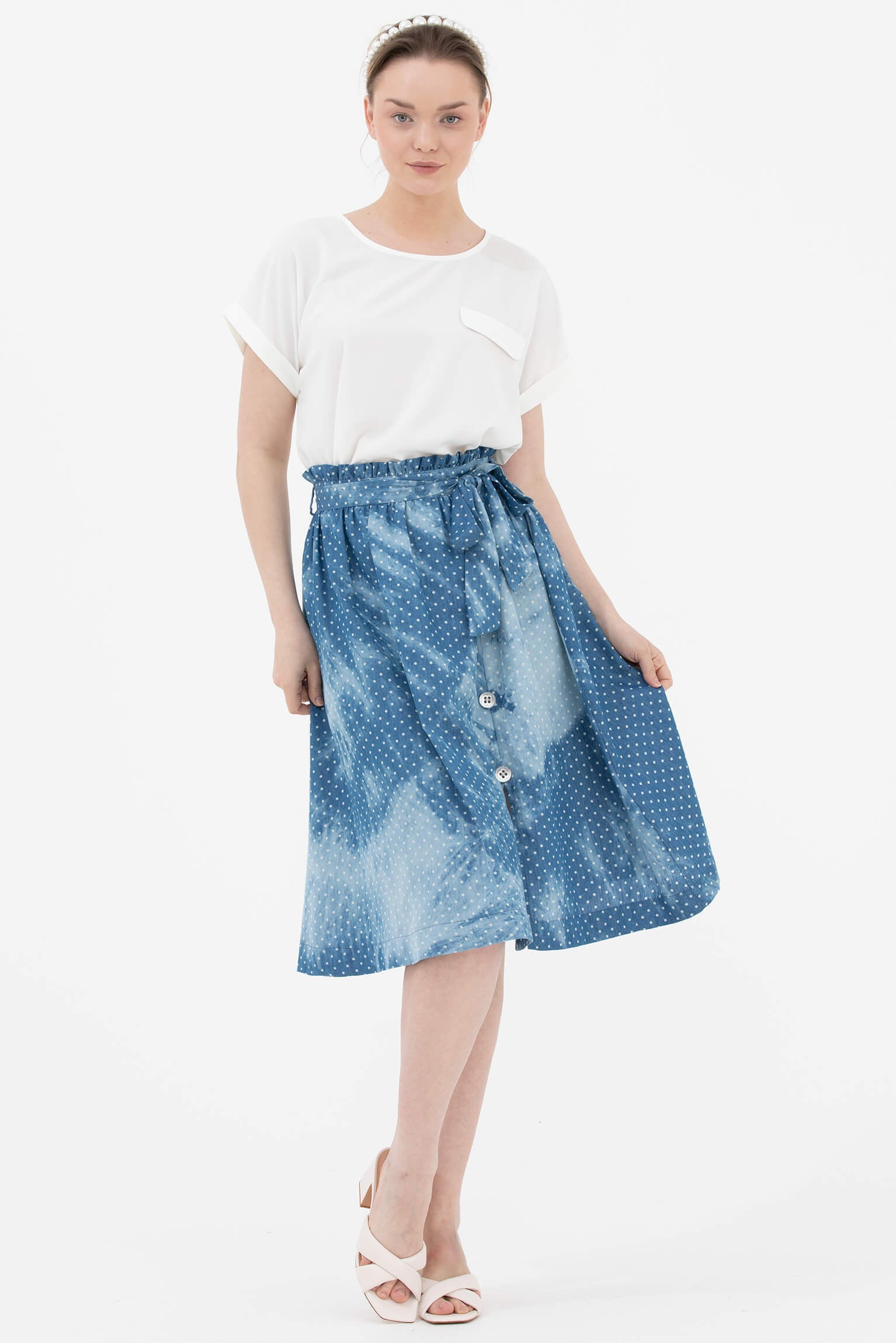 Denim Görünümlü Midi Boy Etek - Mavi (2) Sementa