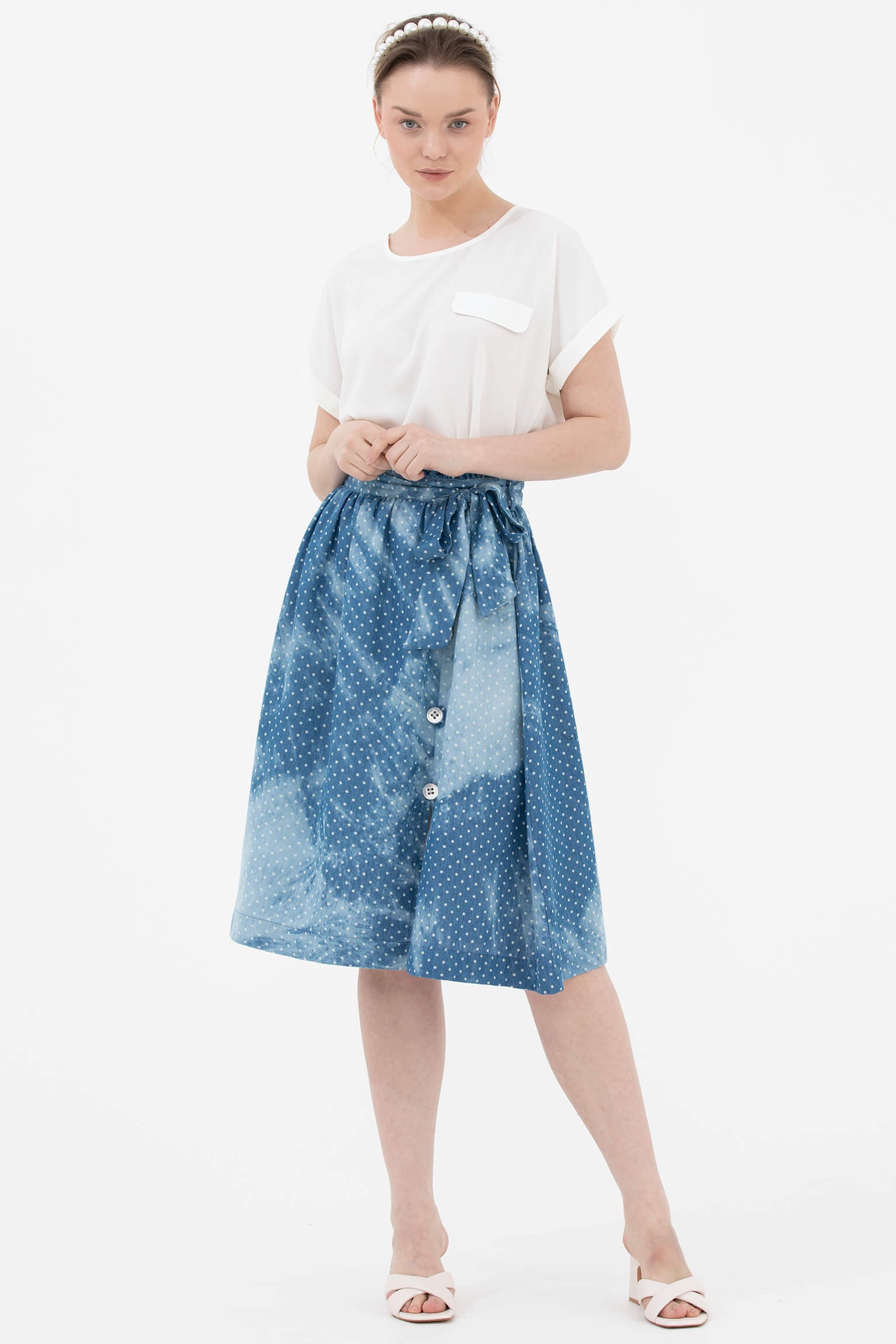 Denim Görünümlü Midi Boy Etek - Mavi (3) Sementa