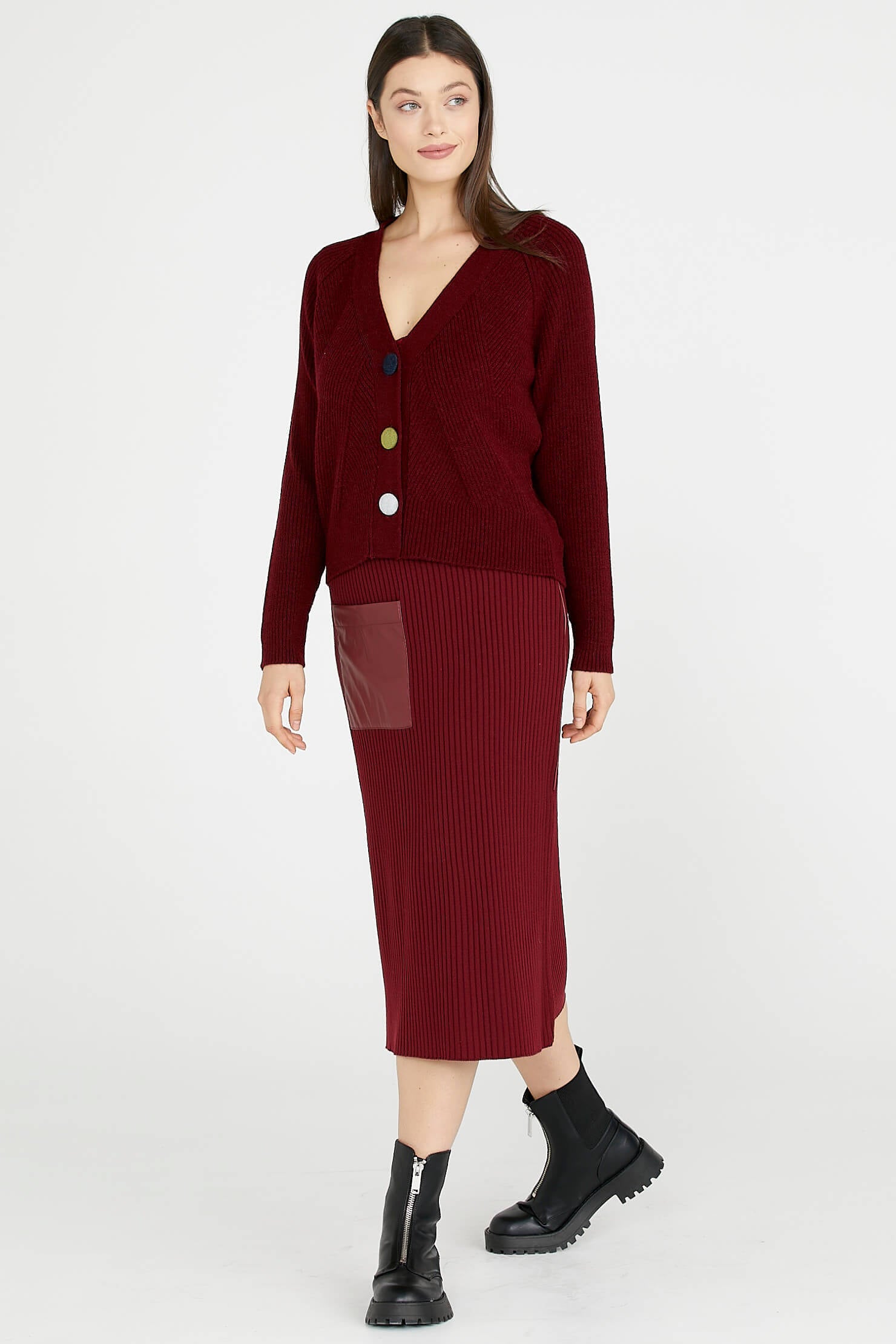 Deri Detaylı Midi Boy Triko Etek - Bordo (2) Sementa