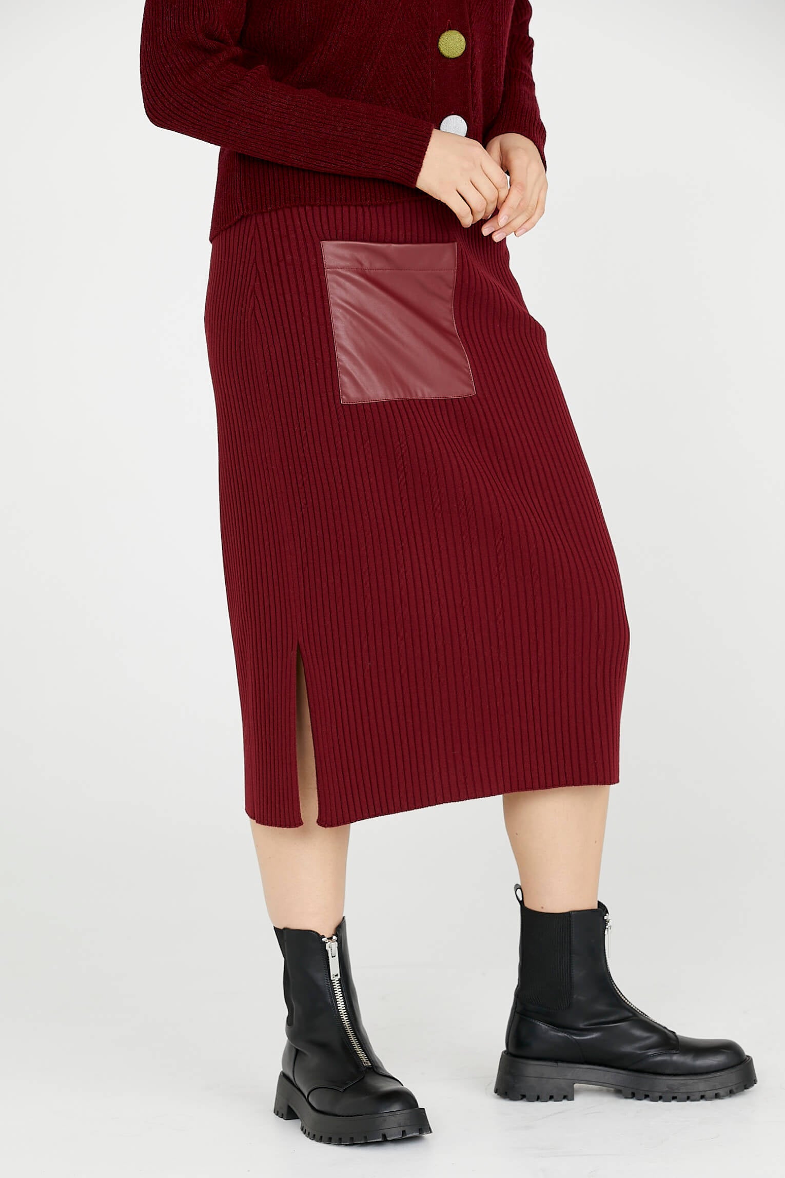 Deri Detaylı Midi Boy Triko Etek - Bordo (3) Sementa