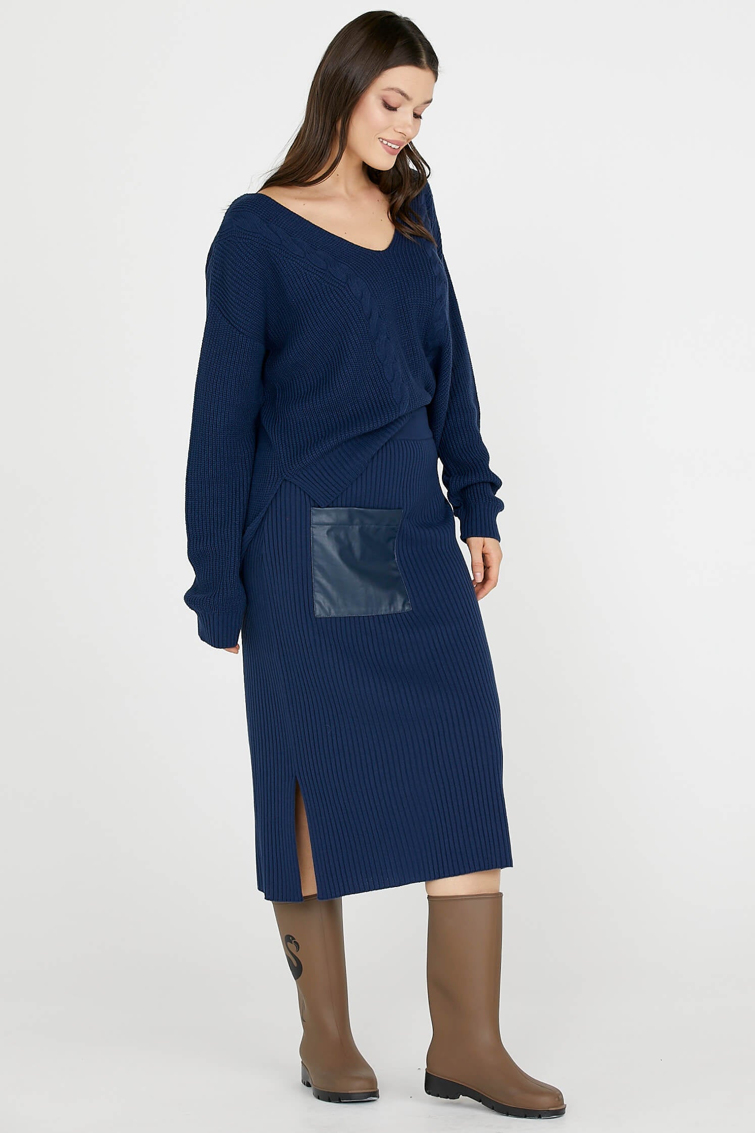 Deri Detaylı Midi Boy Triko Etek - Lacivert (2) Sementa