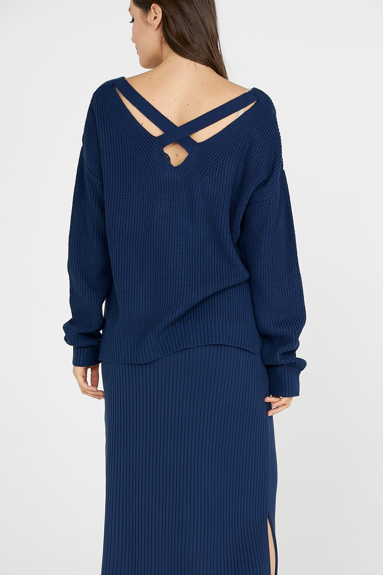 Deri Detaylı Midi Boy Triko Etek - Lacivert (3) Sementa