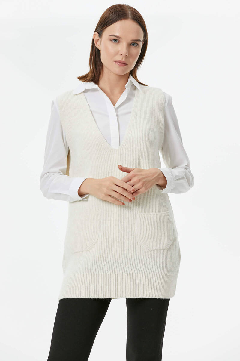 Derin V Yaka Cepli Uzun Triko Süveter - Kemik (1) Sementa