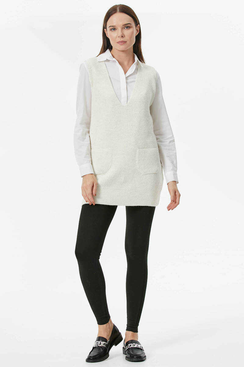 Derin V Yaka Cepli Uzun Triko Süveter - Kemik (2) Sementa