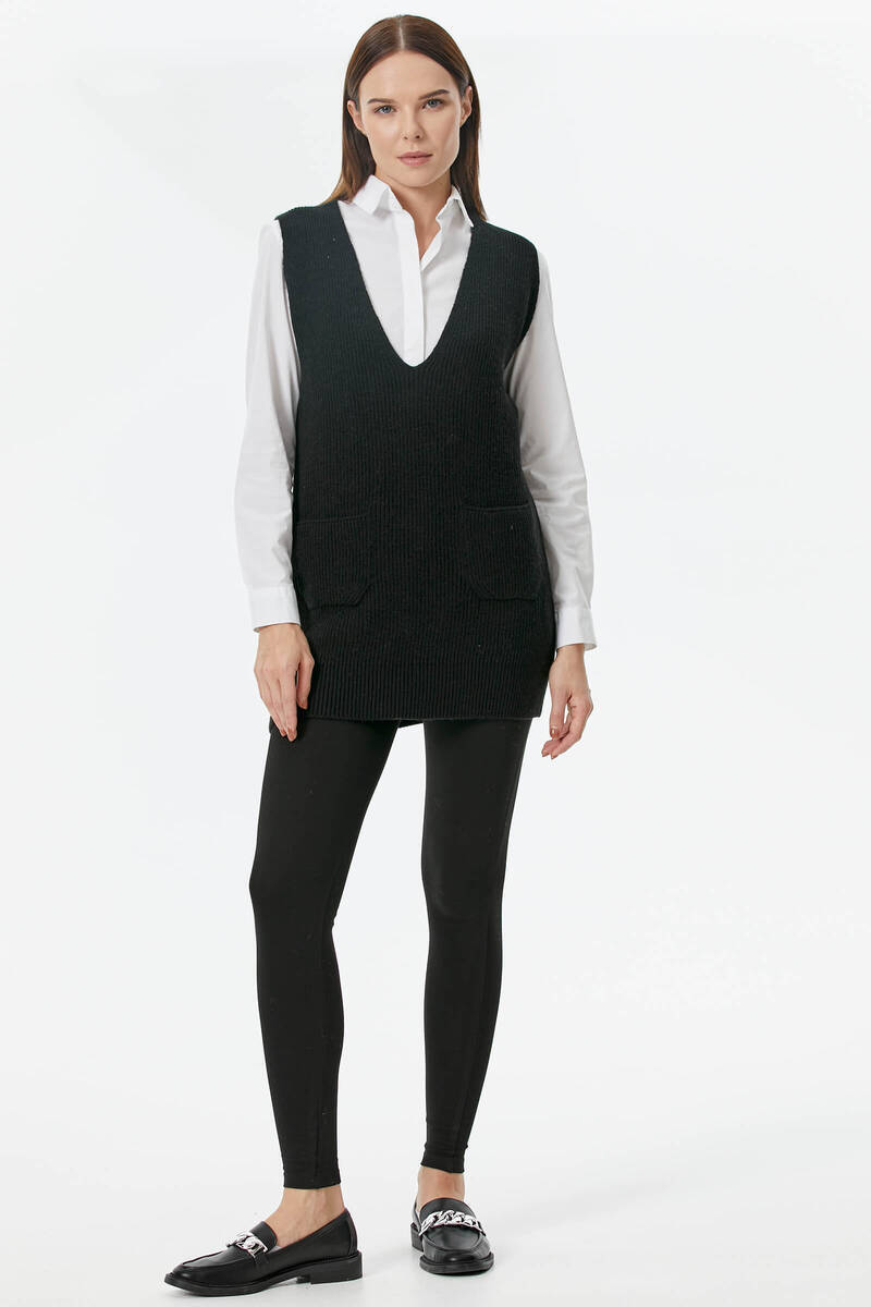 Derin V Yaka Cepli Uzun Triko Süveter - Siyah (1) Sementa