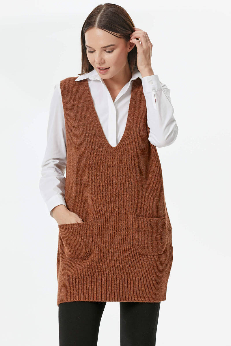 Derin V Yaka Cepli Uzun Triko Süveter - Taba (2) Sementa