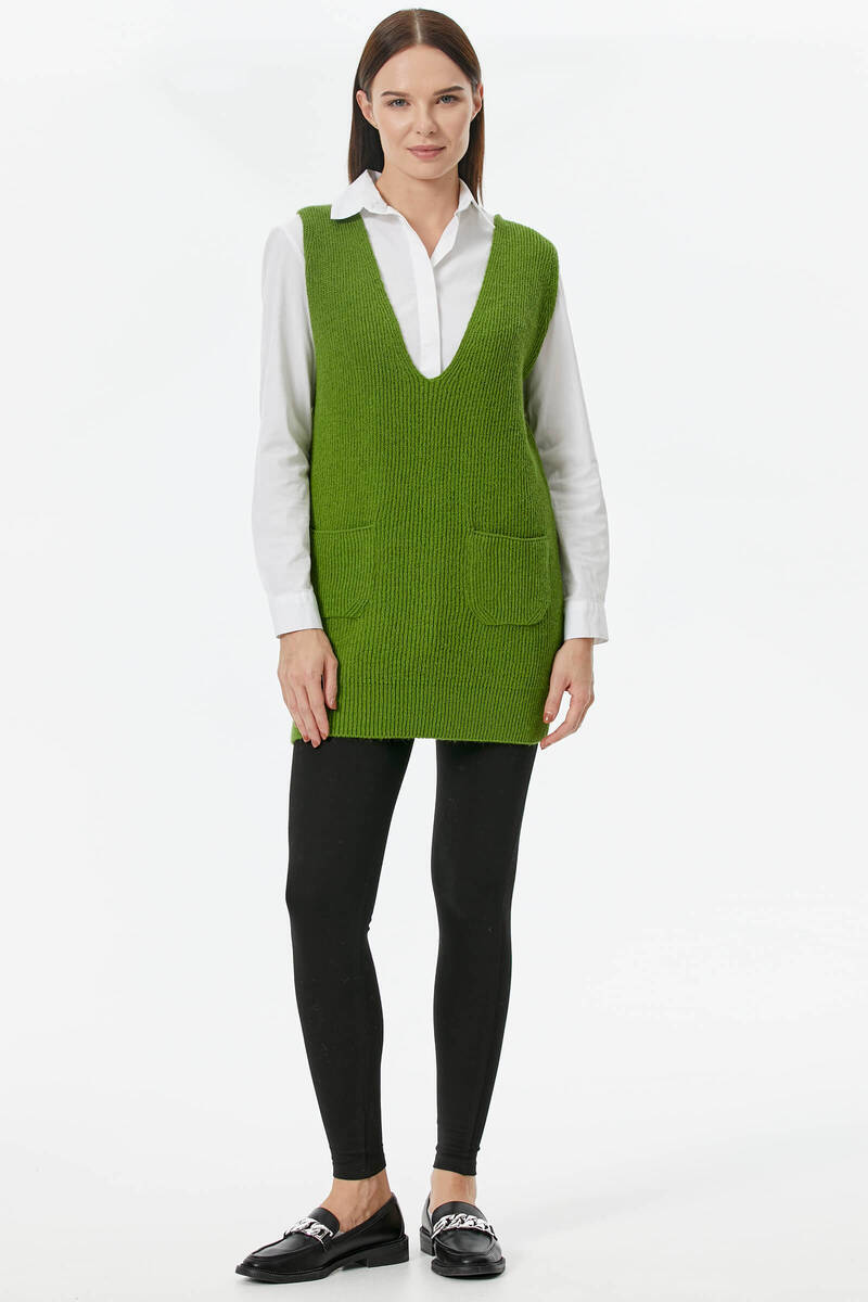 Derin V Yaka Cepli Uzun Triko Süveter - Yeşil (2) Sementa
