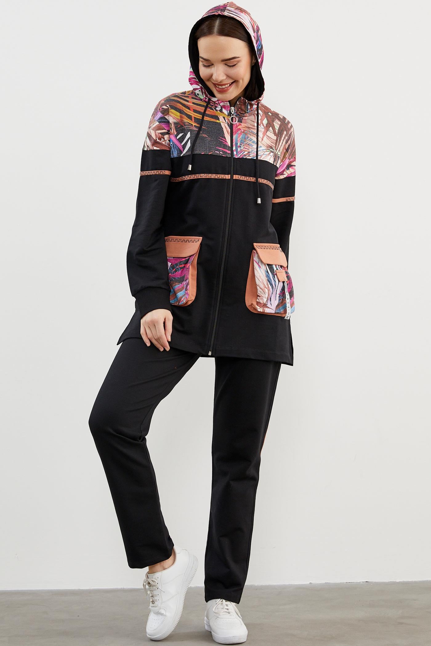 Desen Kombinli Fermuarlı Eşofman Takım - Fuşya (4) Sementa