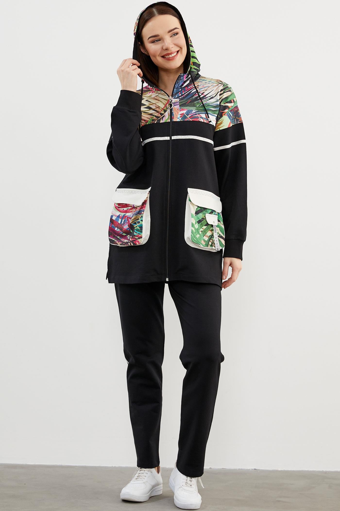 Desen Kombinli Fermuarlı Eşofman Takım - Siyah (3) Sementa