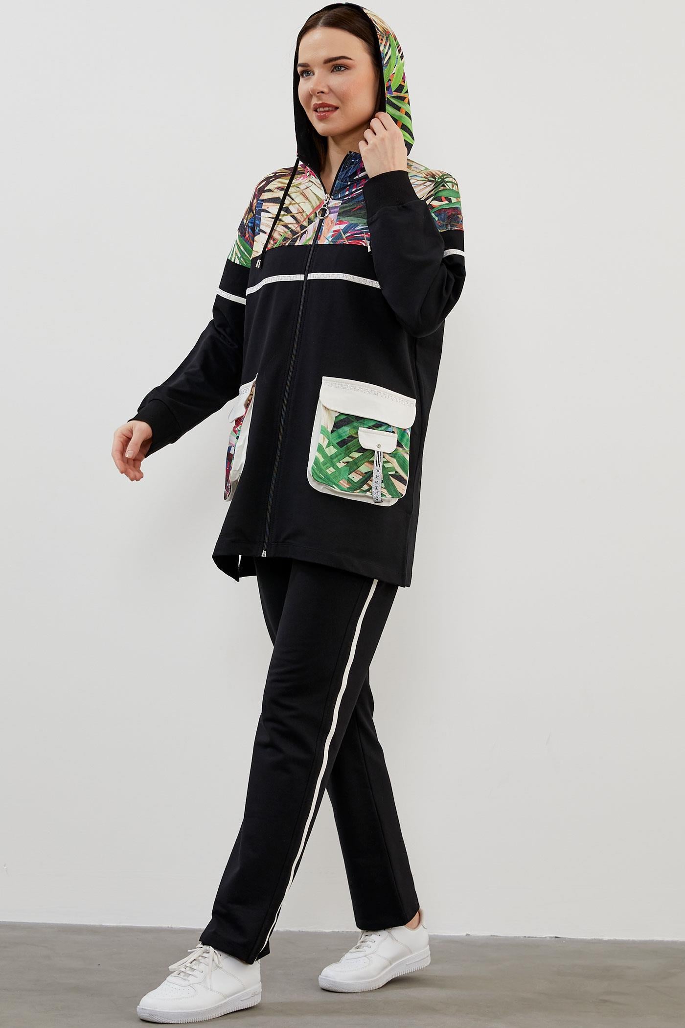 Desen Kombinli Fermuarlı Eşofman Takım - Siyah (2) Sementa