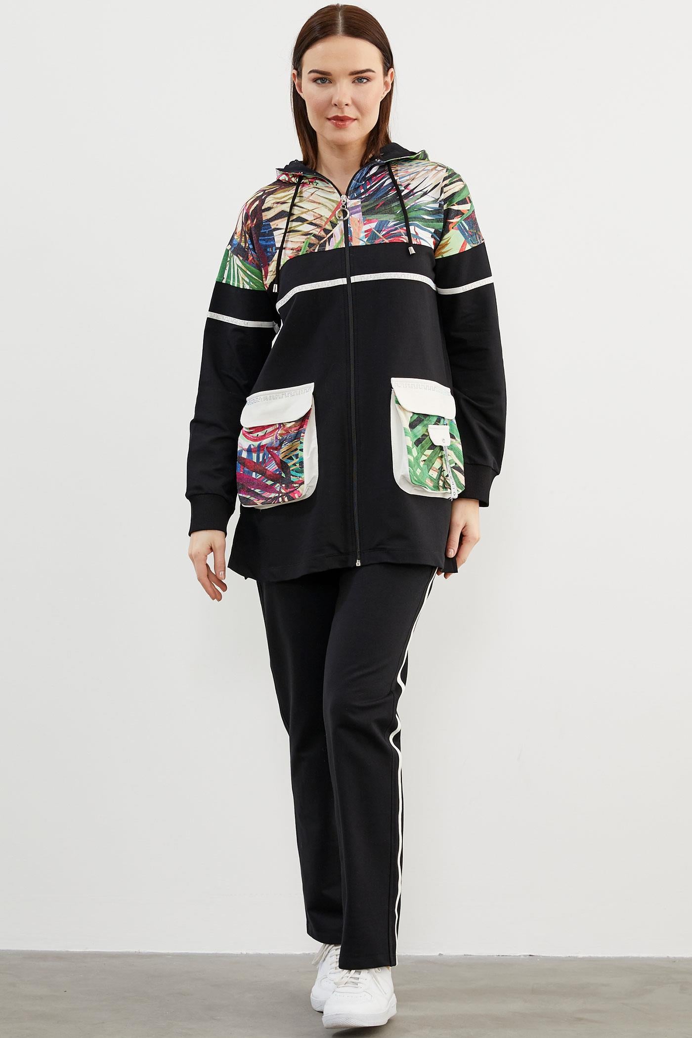 Desen Kombinli Fermuarlı Eşofman Takım - Siyah (1) Sementa